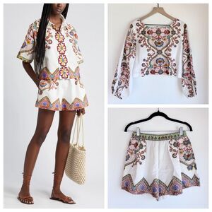 RARE Cleobella Sample Set: Lagos Print Balloon Sleeve Crop Top & Shorts Size S